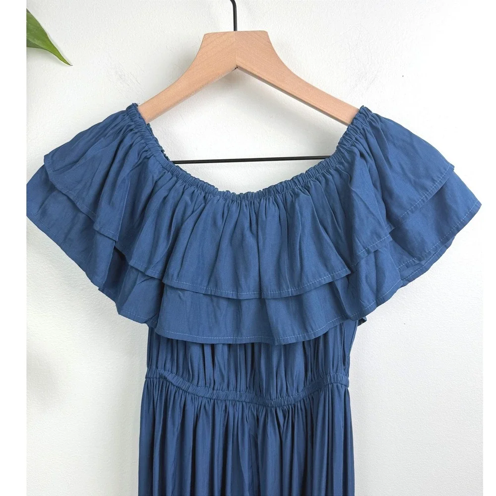 Anna-Kaci Blue Ruffle Off Shoulder Smocked Maxi Dress Rayon Cupro Boho S